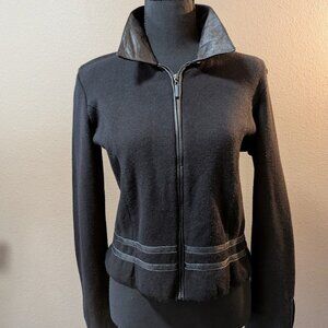 DANA BUCHMAN Merino Wool Full-Zip Cardigan - Black / Leather Trim - Size S